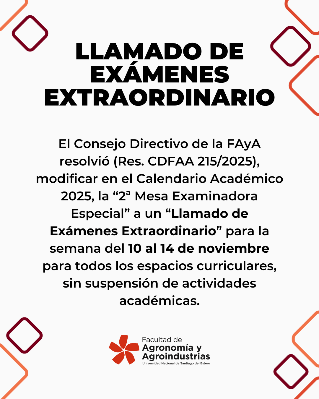 LLAMADO DE EXÁMENES EXTRAORDINARIO – 10 AL 14 DE NOVIEMBRE