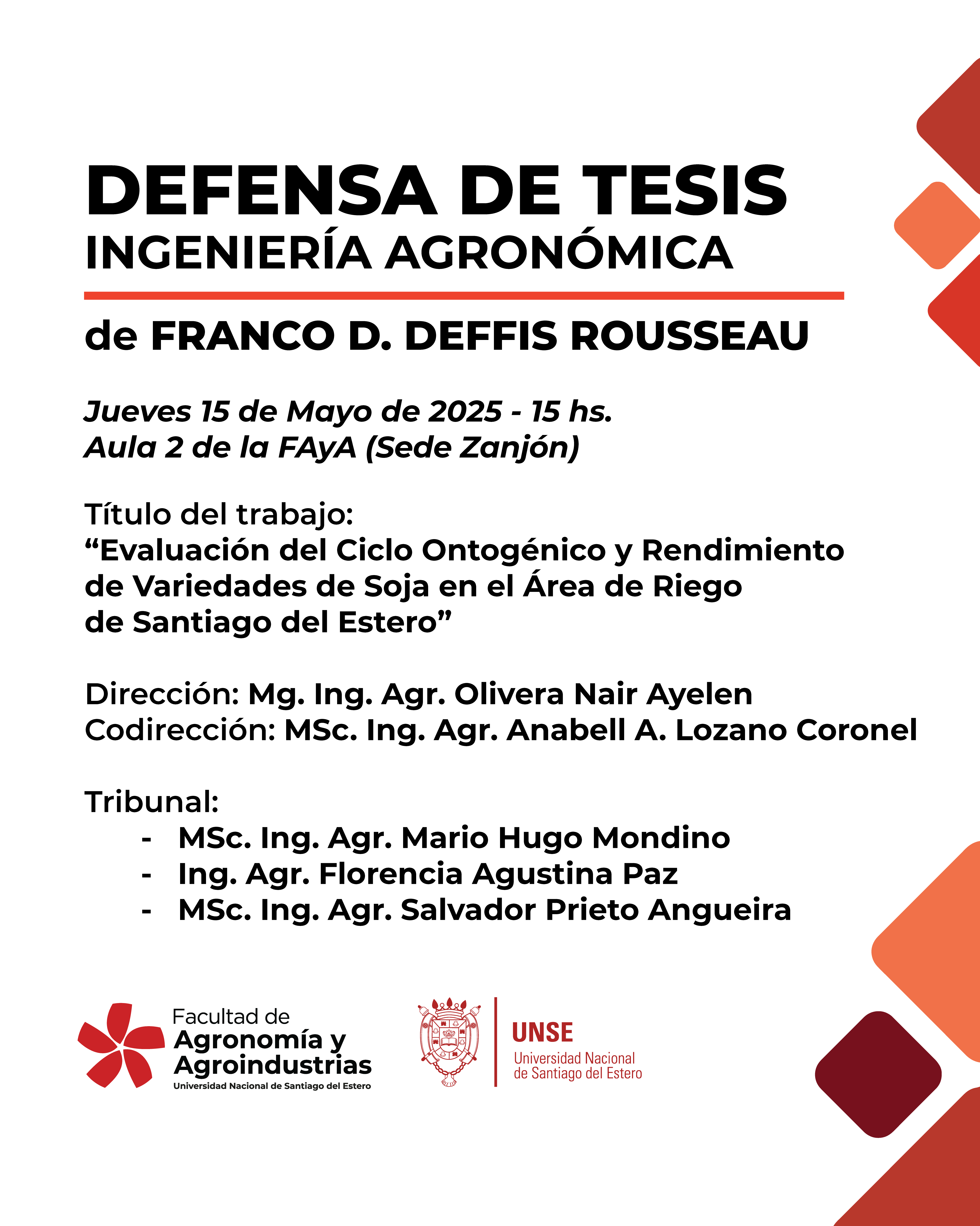 DEFENSA DE TESIS. INGENIERÍA AGRONÓMICA: FRANCO DAVID DEFFIS ROUSSEAU