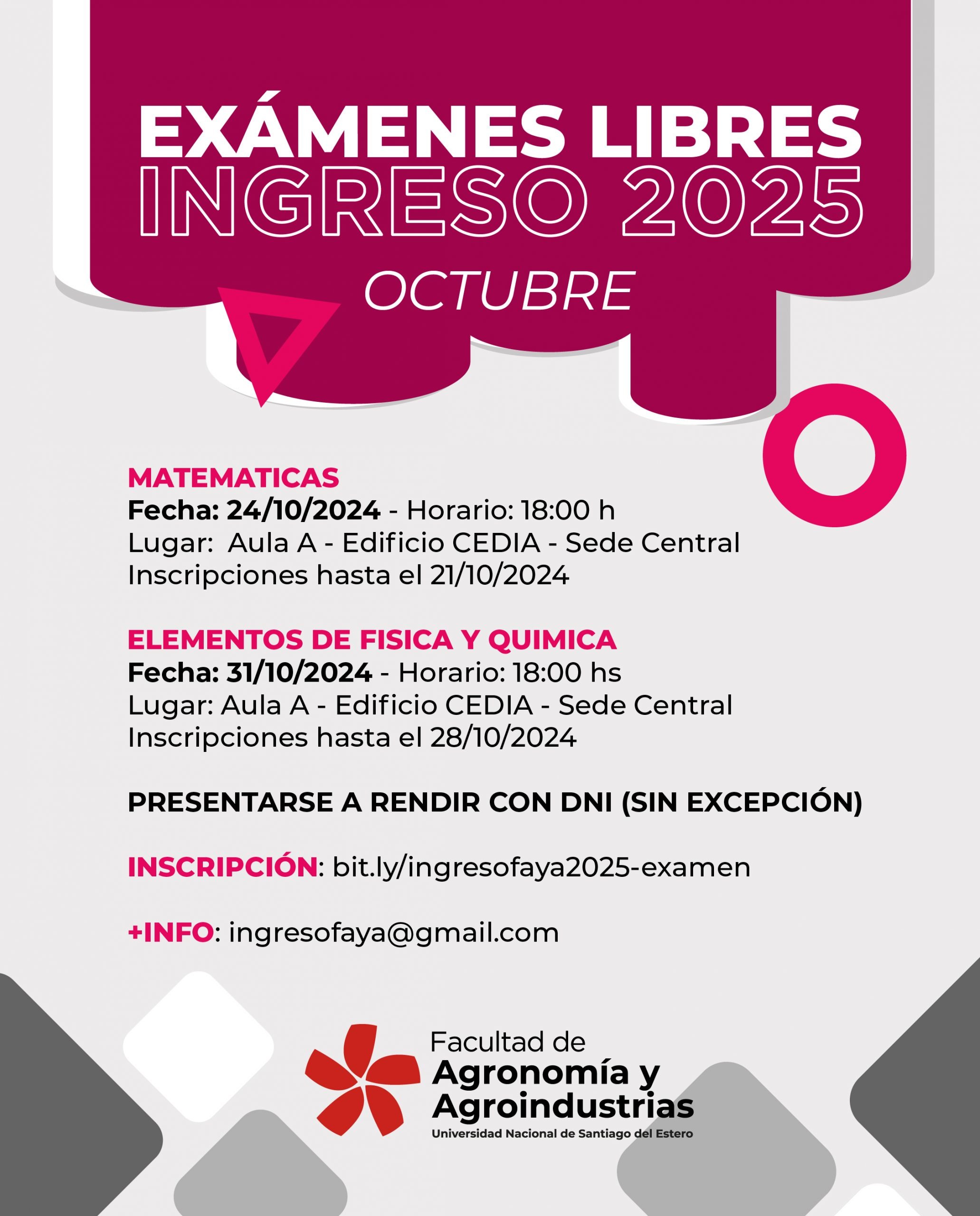 INGRESO FAYA 2025 – EXÁMENES LIBRES – OCTUBRE